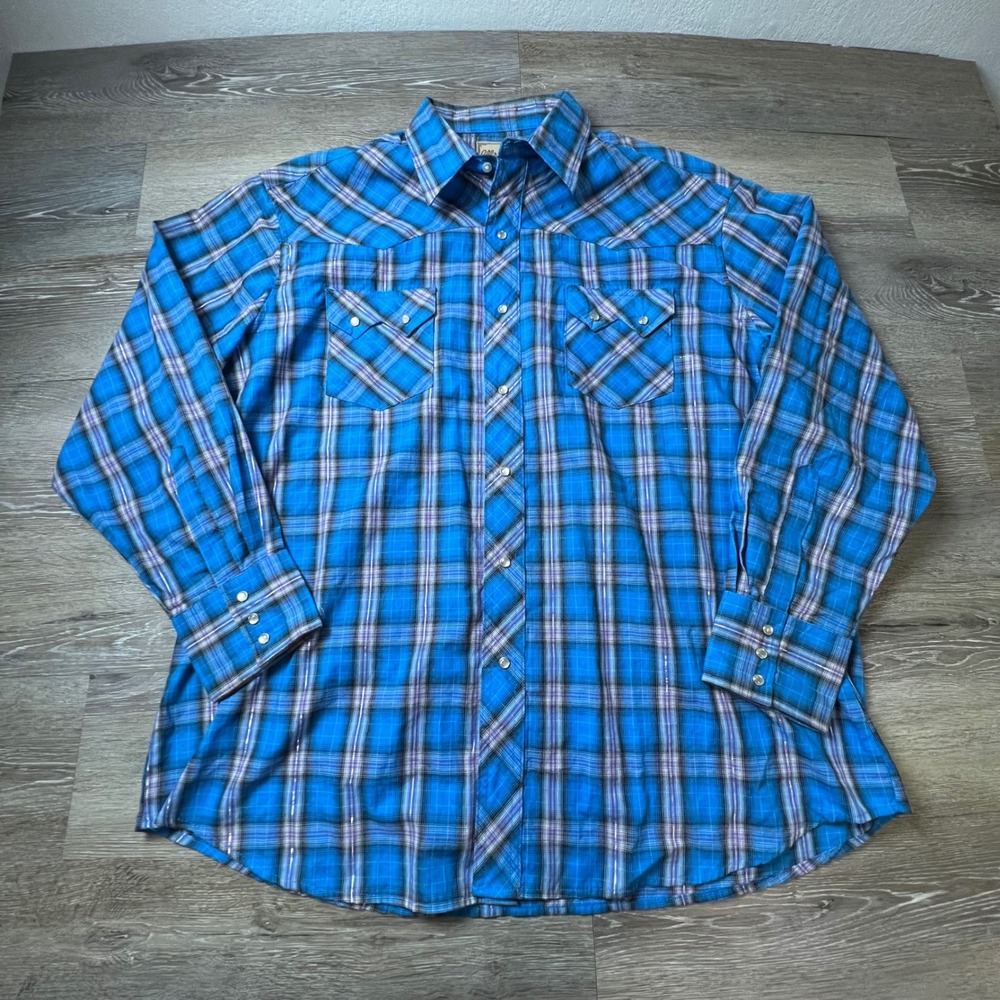 Wrangler Western Snap Shirt Mens XXL Blue Plaid Metallic Pearl Snap WM929BL